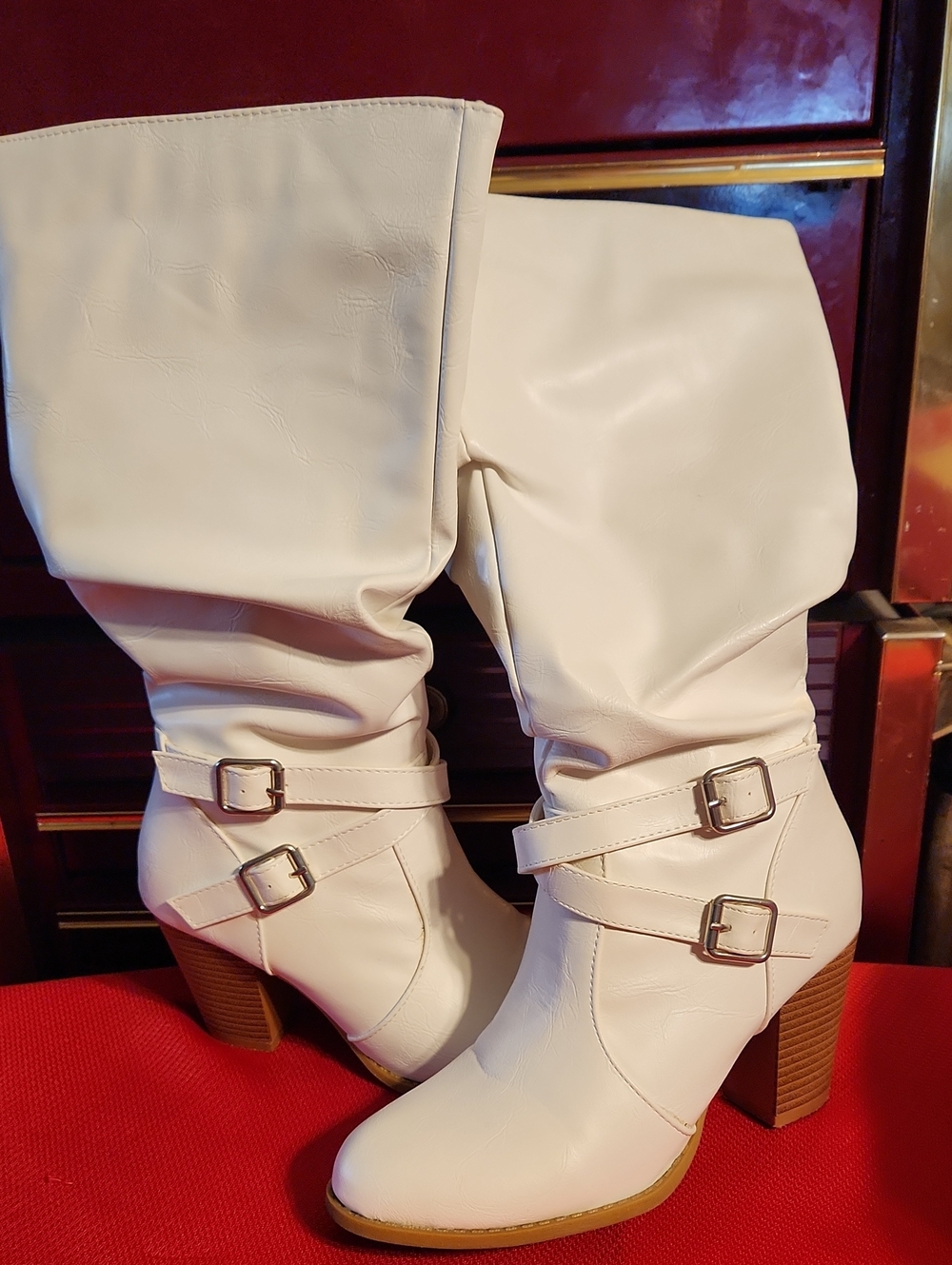 Classic White Mid-Calf Buckle Heeled Boots